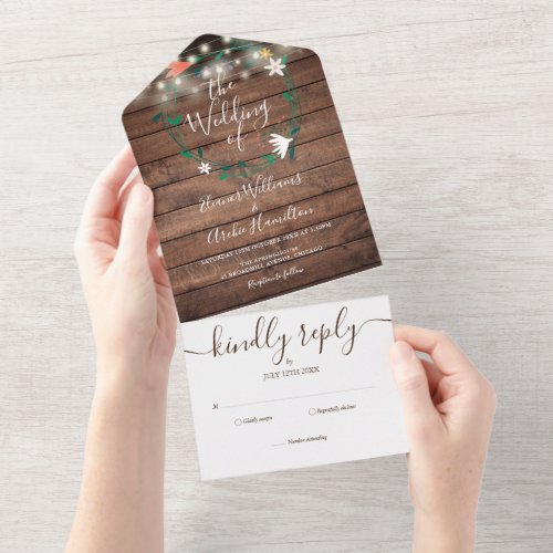 Floral Rustic Wood String Lights Monogram Wedding All In One Invitation