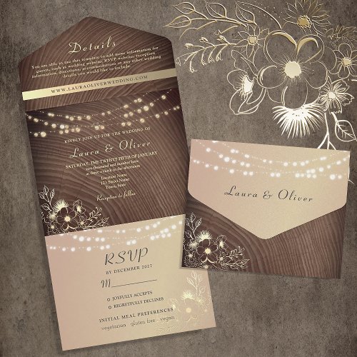 Floral Rustic Wood String Lights Wedding All In One Invitation