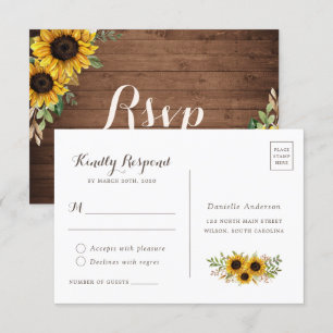 Floral Rustic Wood Sunflower Wedding Postcard RSVP