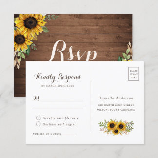 Floral Rustic Wood Sunflower Wedding Postcard RSVP