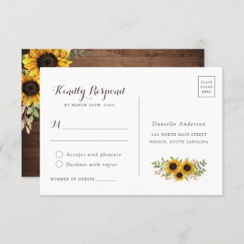Floral Rustic Wood Sunflower Wedding Postcard Rsvp by HannahMaria at Zazzle