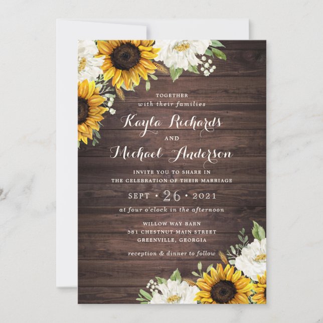 Floral Rustic Wood Sunflowers Greenery Barn Invitation (Front)