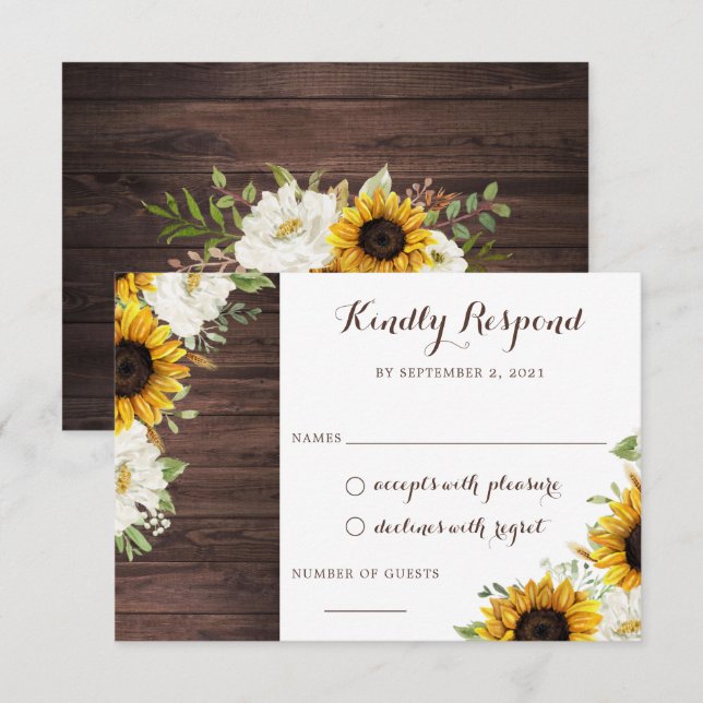 Floral Rustic Wood Sunflowers Greenery Barn RSVP Invitation (Front/Back)