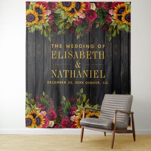Floral rustic wood wedding photo booth backdrop