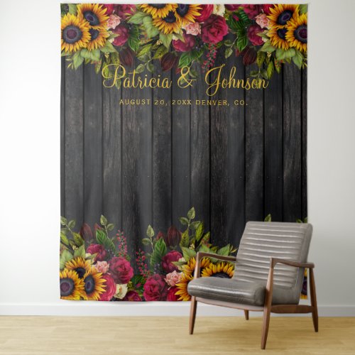 Floral rustic wood wedding photo booth backdrop