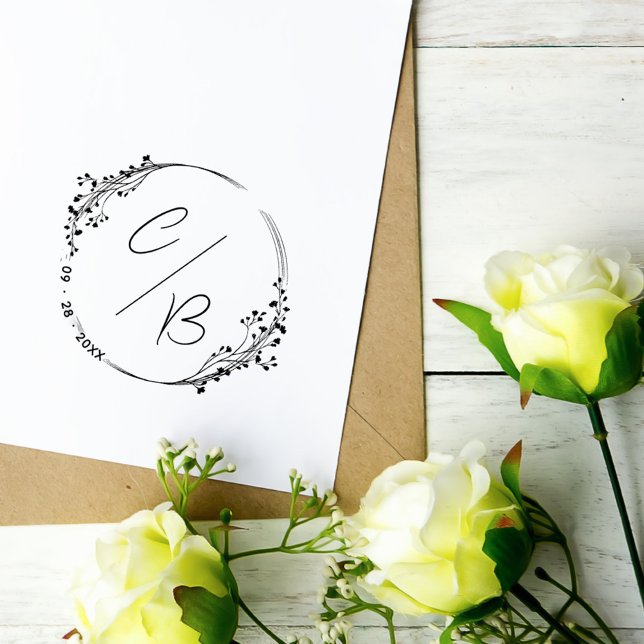 Floral Rustic Wreath Initials & Date Wedding Self-inking Stamp (Subtle wildflowers wreath elegant monograms save the date wedding stamp)