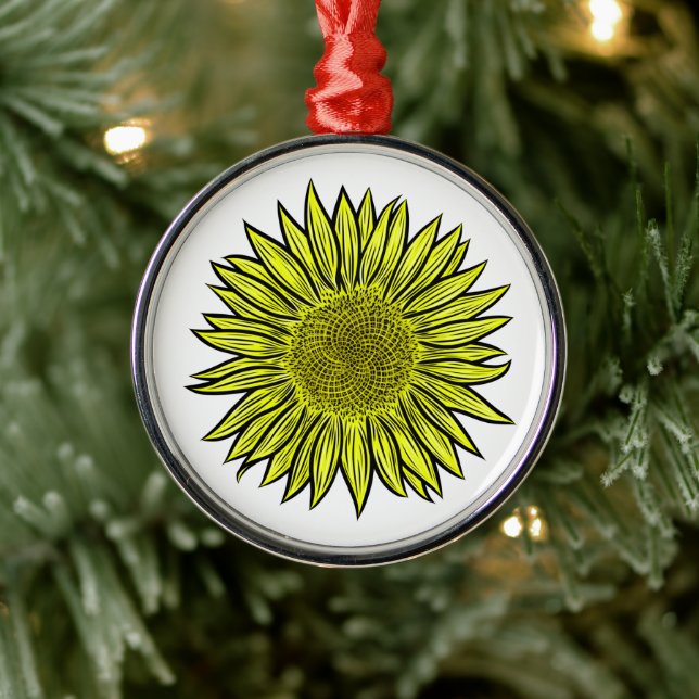 Floral Rustic Yellow Sunflower Hand Drawn Metal Ornament (Tree)