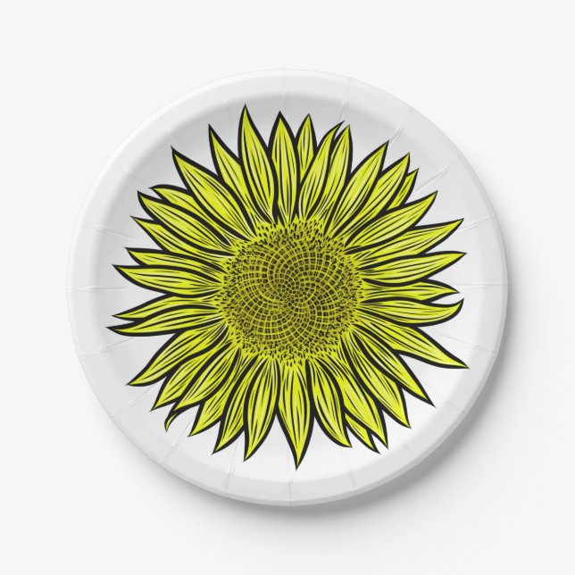 Floral Rustic Yellow Sunflower Hand Drawn Paper Plates (Front)