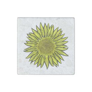 Floral Rustic Yellow Sunflower Hand Drawn Stone Magnet