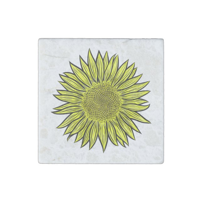 Floral Rustic Yellow Sunflower Hand Drawn Stone Magnet (Front)