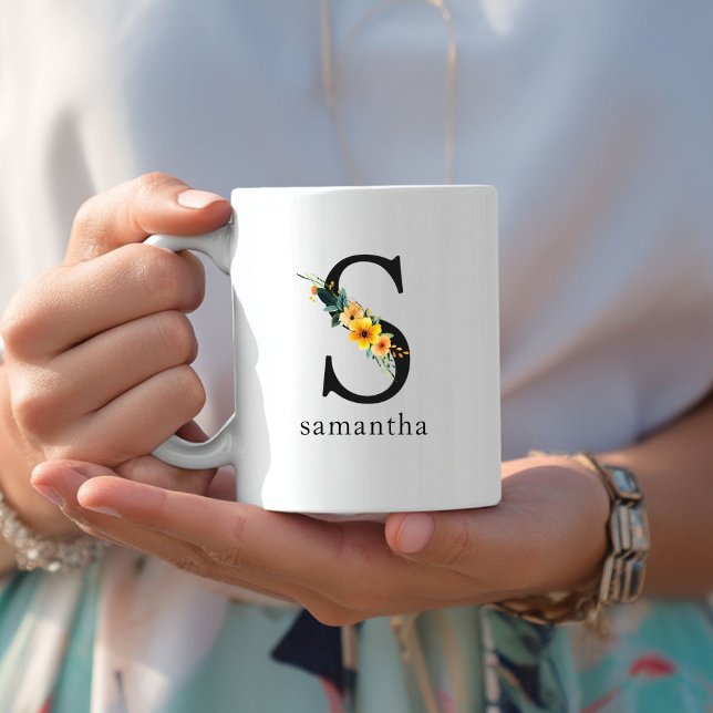 Floral S Monogram Mug with Editable Name (Floral S Monogram Mug with Editable Name. Yellow, Orange & Greenery Watercolor Flowers.)