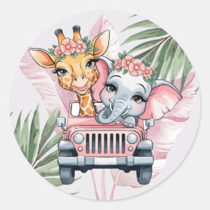 Floral Safari Adventure Pink Girl Baby Shower Classic Round Sticker