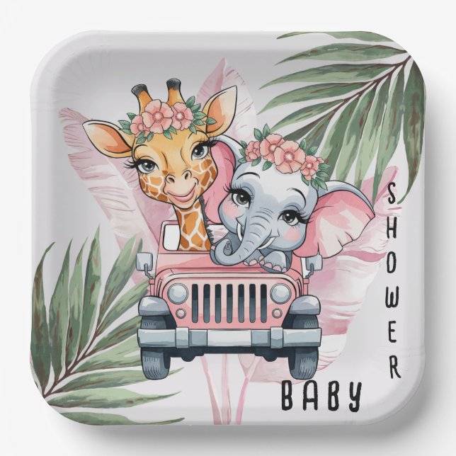 Floral Safari Adventure Pink Girl Baby Shower Paper Plates (Front)