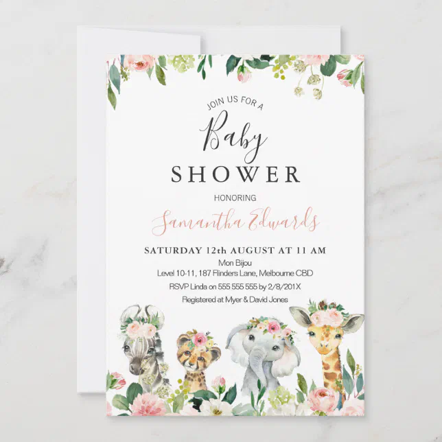 Floral Safari Animals Baby Shower Invitation | Zazzle