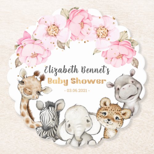 Floral Safari Animals Baby Shower Paper Coaster