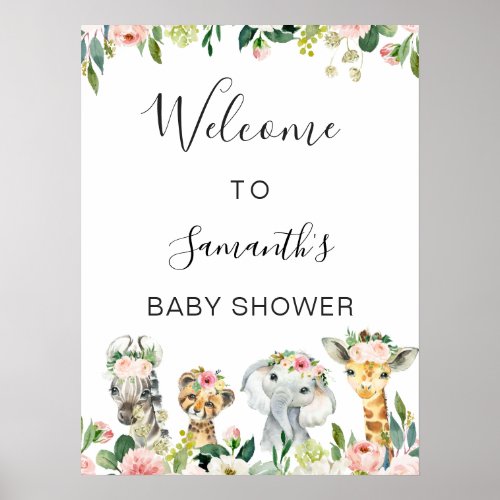 Floral Safari Animals Baby Shower Welcome Sign