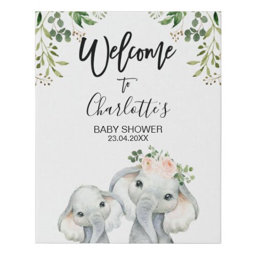 Floral Safari Elephant Calf Baby Shower Welcome Faux Canvas Print - Sweet safari themed baby shower canvas welcome print featuring an elephant and calf as well as some foliage and pink floral arrangement.