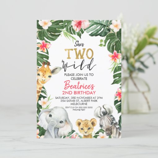 Floral Safari Shes Two Wild Second Birthday Invitation Zazzle