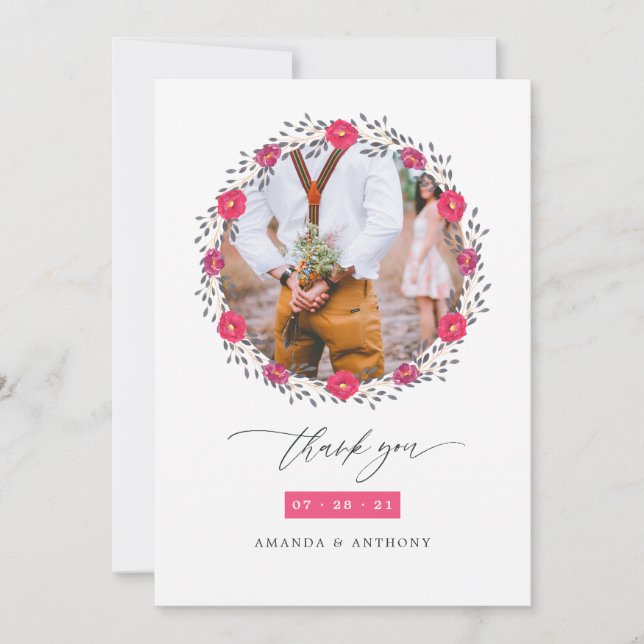 Floral Safari Wedding Photo Thank You Card (Front)