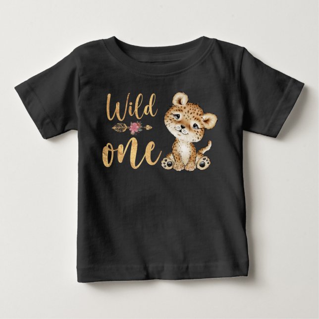 Floral Safari Wild One Leopard 1st Birthday Baby T-Shirt (Front)