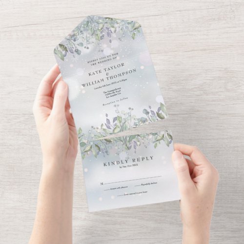 Floral Sage And Lilac Monogram Winter Wedding All In One Invitation