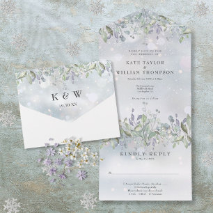 Floral Sage And Lilac Monogram Winter Wedding All In One Invitation