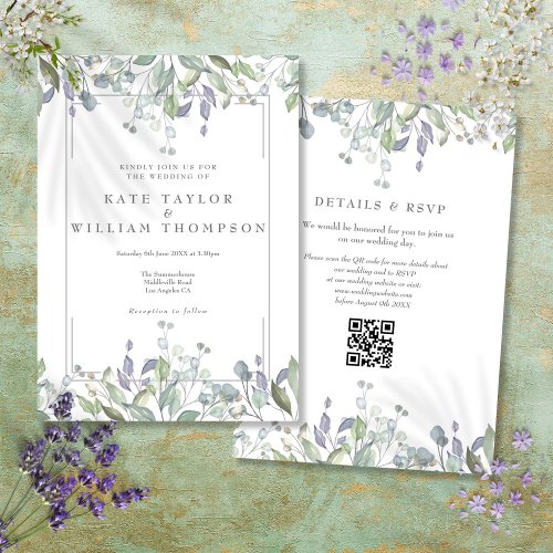 Floral Sage And Lilac QR Code Wedding Invitation