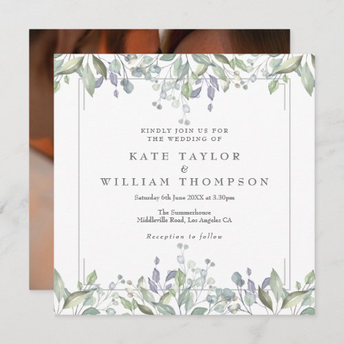 Floral Sage And Lilac Square Photo Wedding Invitation