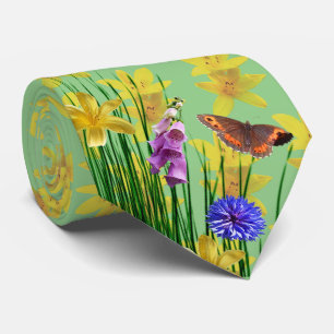 Floral Sage Dragonfly Butterfly Neck Tie