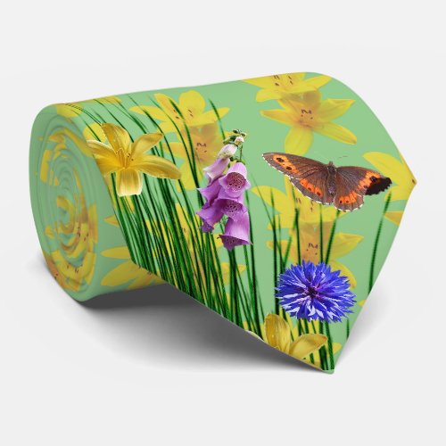 Floral Sage  Dragonfly Butterfly Neck Tie