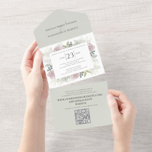 Floral Sage Dusty Rose Classic Greenery QR Code All In One Invitation