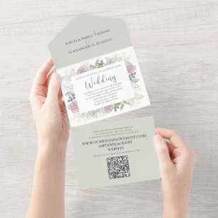 Floral Sage Dusty Rose Classic Greenery QR Code All In One Invitation