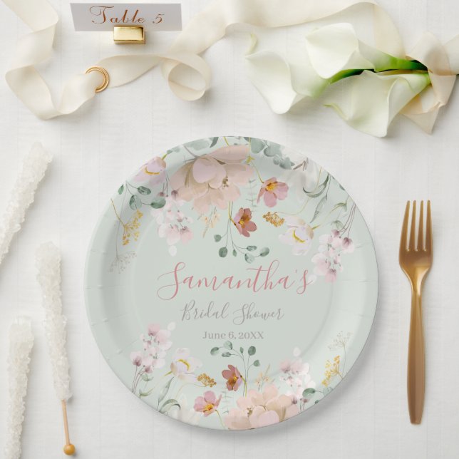 Floral Sage Green Blush Pink Elegant  Paper Plates (Wedding)