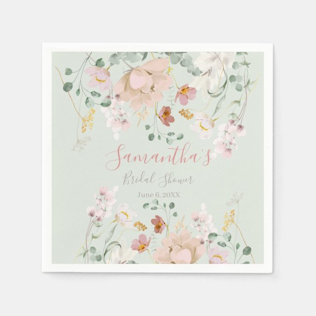 Floral Sage Green Blush Pink Elegant  Paper Plates Napkins (Front)