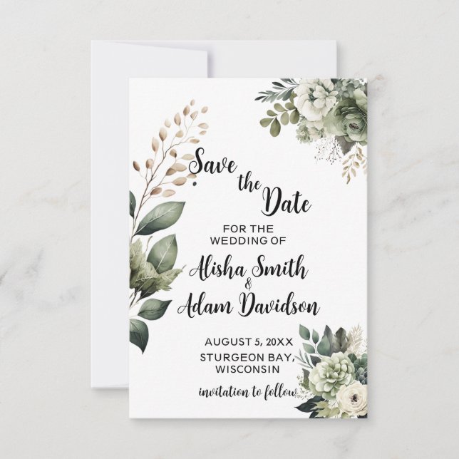 Floral Sage Green & Blush Save The Date Cards (Front)