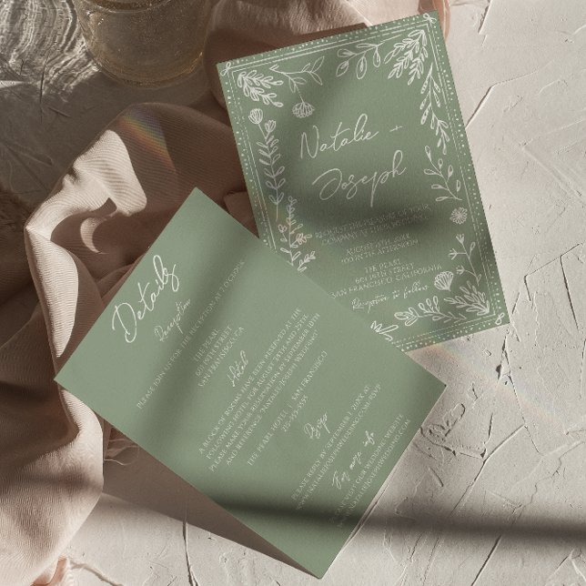 Floral Sage Green Botanical Fun All In One Wedding Invitation (Creator Uploaded)