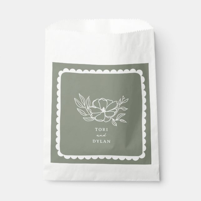 Floral Sage Green Botanical Scalloped Wedding Favor Bag (Front)