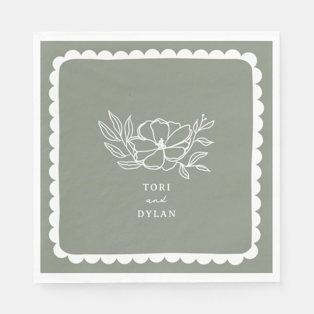 Floral Sage Green  Botanical Scalloped Wedding Napkins (Front)