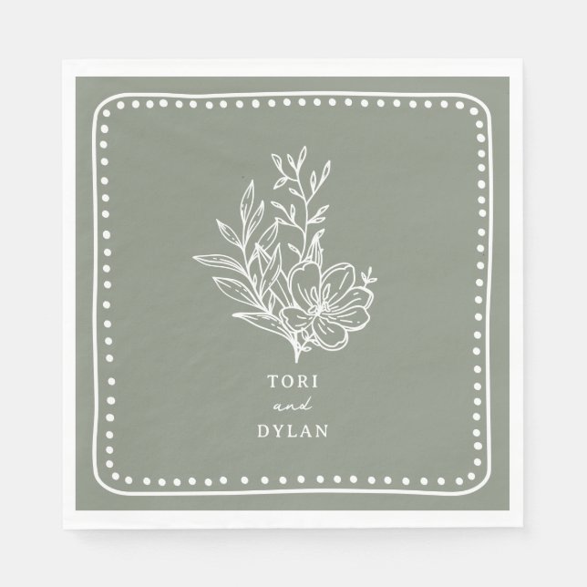 Floral Sage Green Bouquet Wedding Napkins (Front)