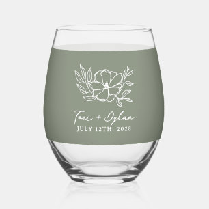 Floral Sage Green Bouquet Wedding Stemless Wine Glass