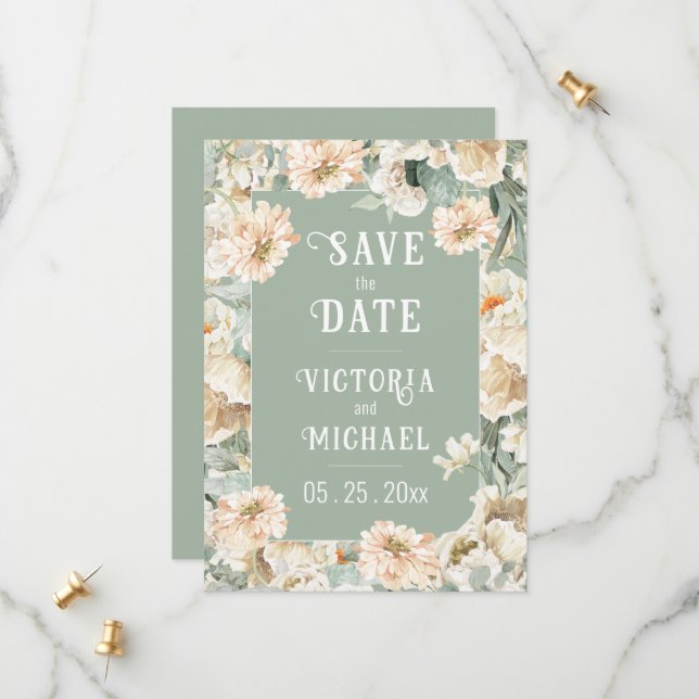 Floral Sage Green Elegant Wedding Save The Date (Front/Back In Situ)