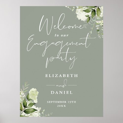 Floral Sage Green Engagement Party Welcome Sign