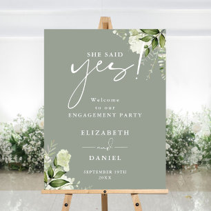 Floral Sage Green Engagement Party Welcome Sign