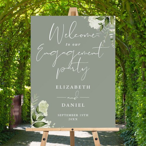 Floral Sage Green Engagement Party Welcome Sign