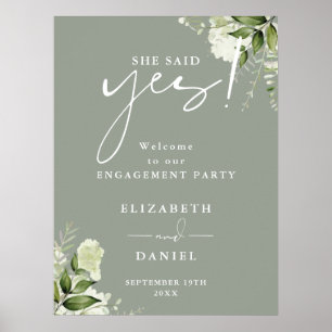 Floral Sage Green Engagement Party Welcome Sign
