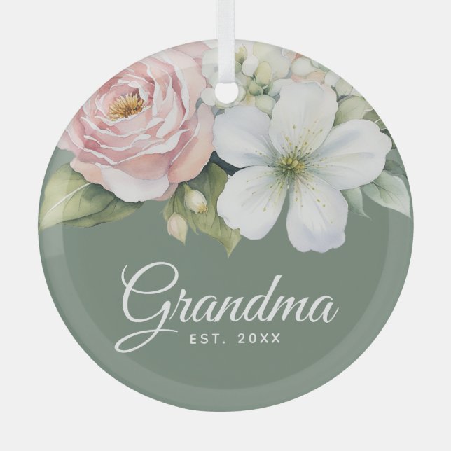 Floral Sage Green Establishment Date New Grandma Glass Ornament (Front)