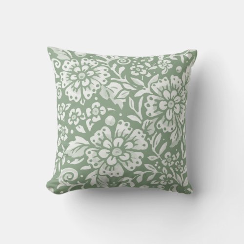 Floral Sage Green Foliage Bold Flower Damask Look Throw Pillow