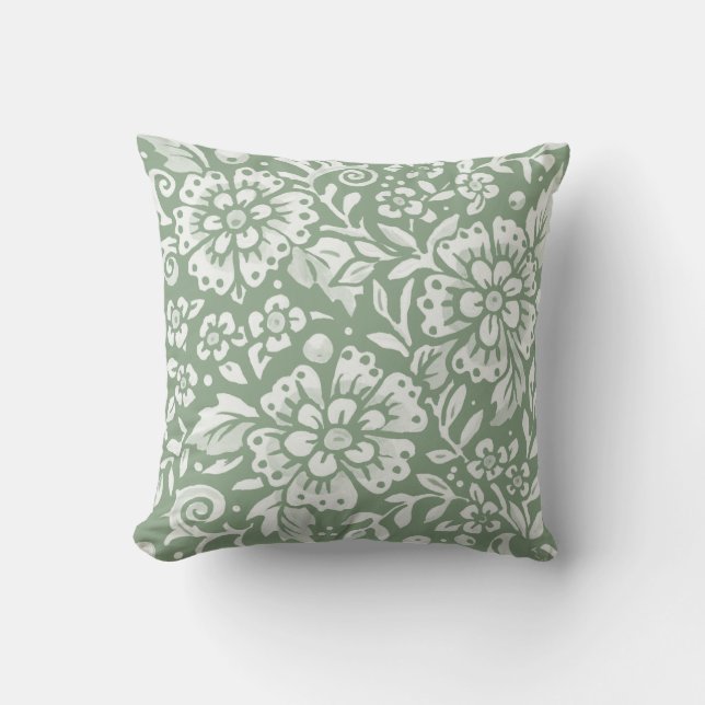 Floral Sage Green Foliage Bold Flower Damask Look Throw Pillow (Front)
