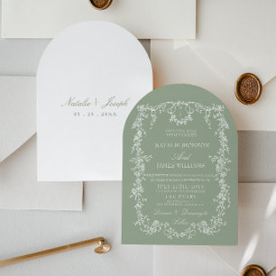 Floral Sage Green Garden Monogram Arched Wedding Invitation