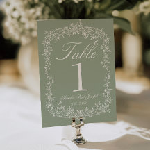 Floral Sage Green Garden Wedding Table Number
